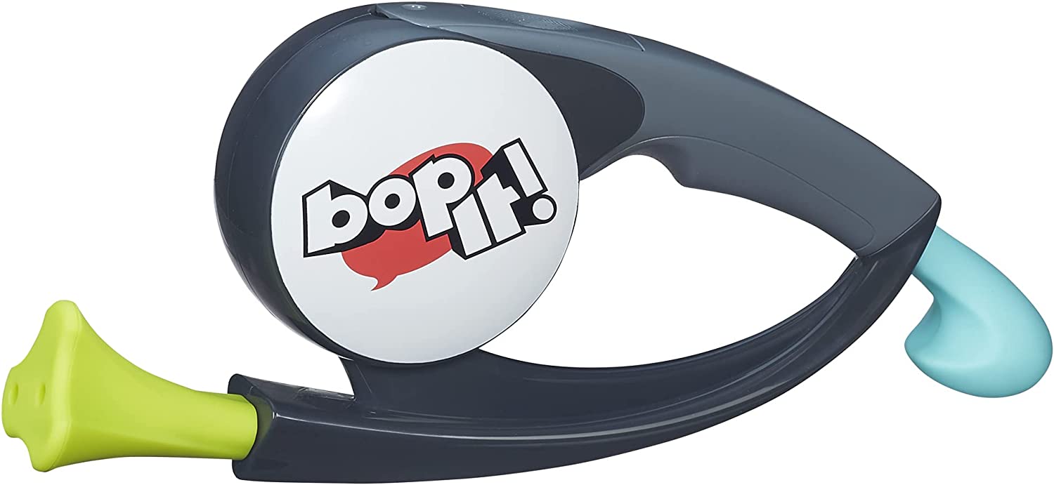 Bop it! game uses move it motion technology to test players and see if they've got the skills to master Bop it! game. The ten moves are: whip it, drink it, selfie it, hammer it, answer it, cradle it, saw it, sing it, golf it, and comb it. The Bop it! game is a portable game for on-the-go fun. It features 3 solo and social play options: classic, beat box, and pass it. For one of more players. 