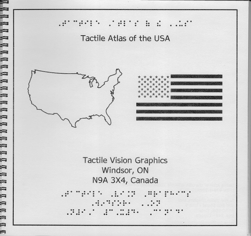 Front cover of the Braille Tactile Map of the United States featuring a tactile US flag revealing the 50 stars and the 13 stripes with an outlined continental design of the United States. 