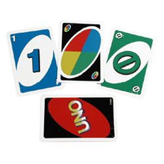 braille Uno cards showing a green skip card, a blue 1 card, a wildcard, and the back of a card with the Uno logo.