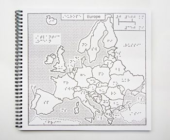 The Braille and Tactile World Map With 7 Continents Bound booklet measures 11.5 inches by 11 inches and contains maps of the world with seven continents