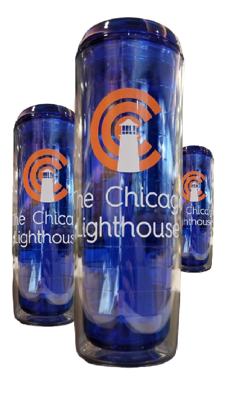 Three Chicago Lighthouse blue Tumbler with orange and white logo on the blue tumbler.  Braille is not displayed on this image.