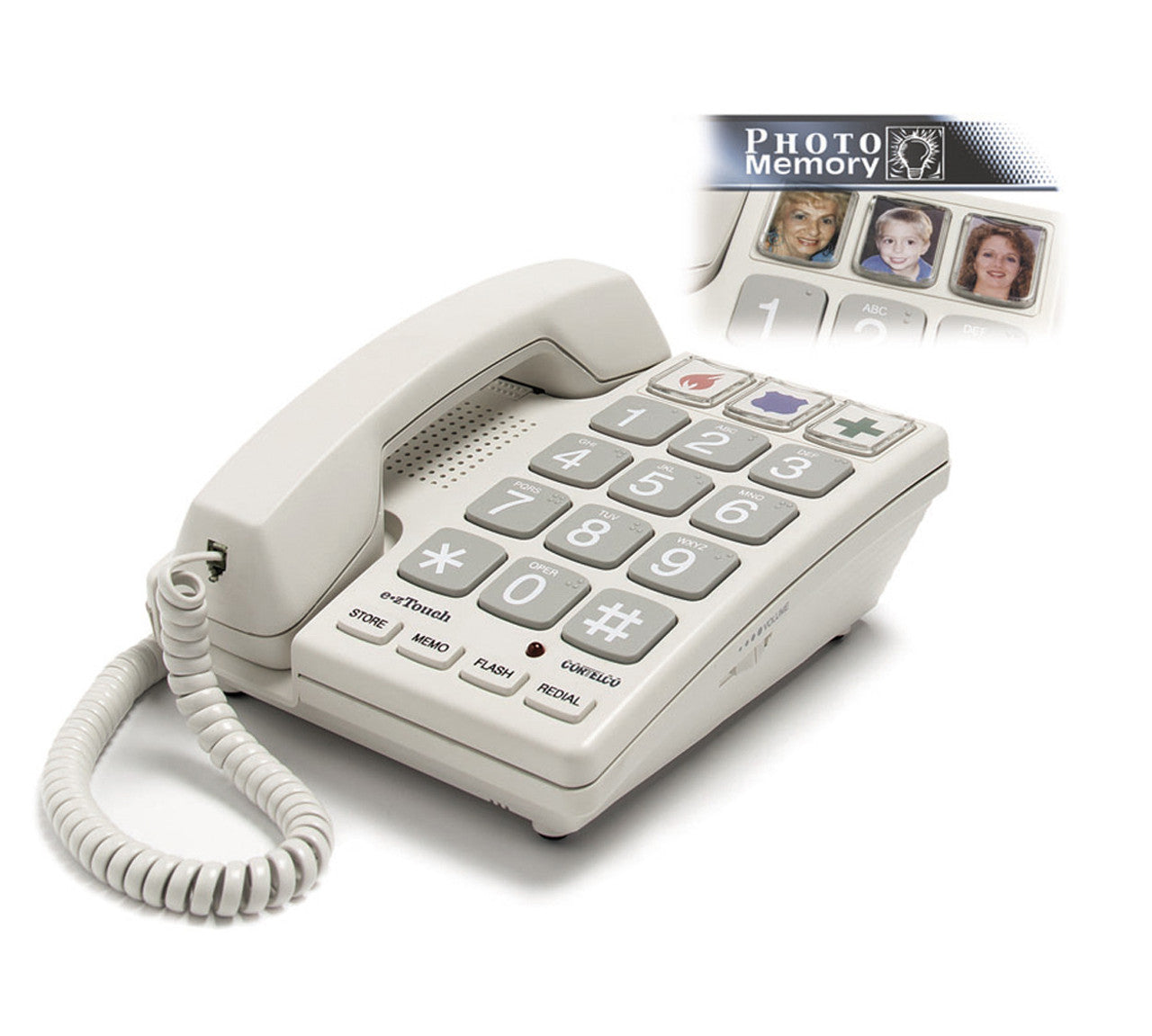 Large Button Brailled corded landline phone with gray buttons and large white numbers.