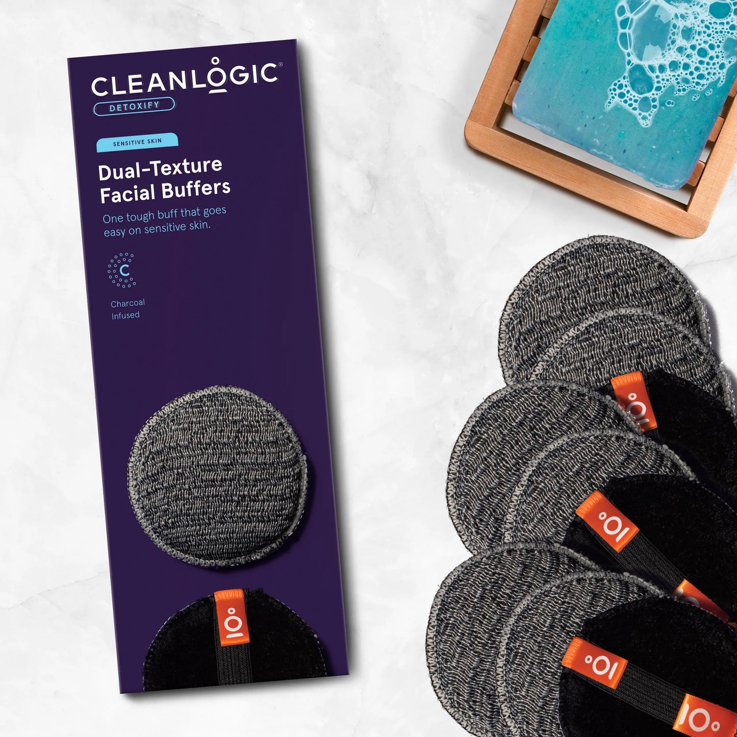 Dual texture Charcoal Facial Buffers are infused with charcoal to draw out impurities in your skin. The textured side exfoliates and cleanses, and the soft microfiber side removes dirt, oil, and makeup.