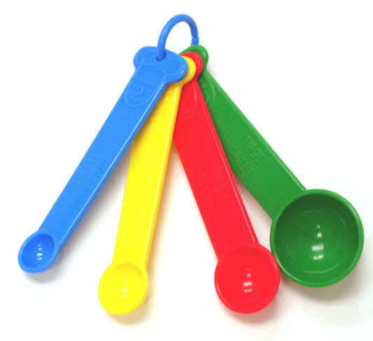 Color Coded Measuring Spoons colors help differentiate the four measuring spoons. The spoons are made of sturdy plastic, dishwasher safe, and great for people with low vision. 
