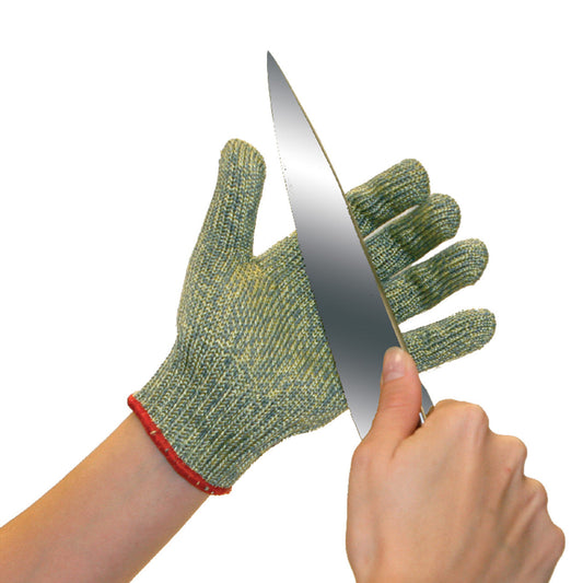 Green Cut Resistant Ambidextrous Glove showing a hand holding a sharp knife next to the green glove.  