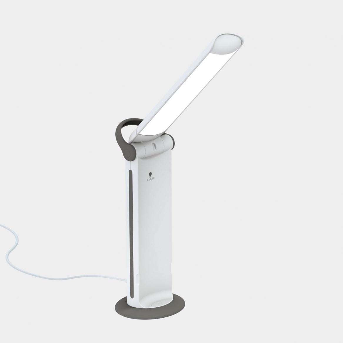 The Daylight Twist two lamp with power cord in standing with study base, handle and lighted arm in open position