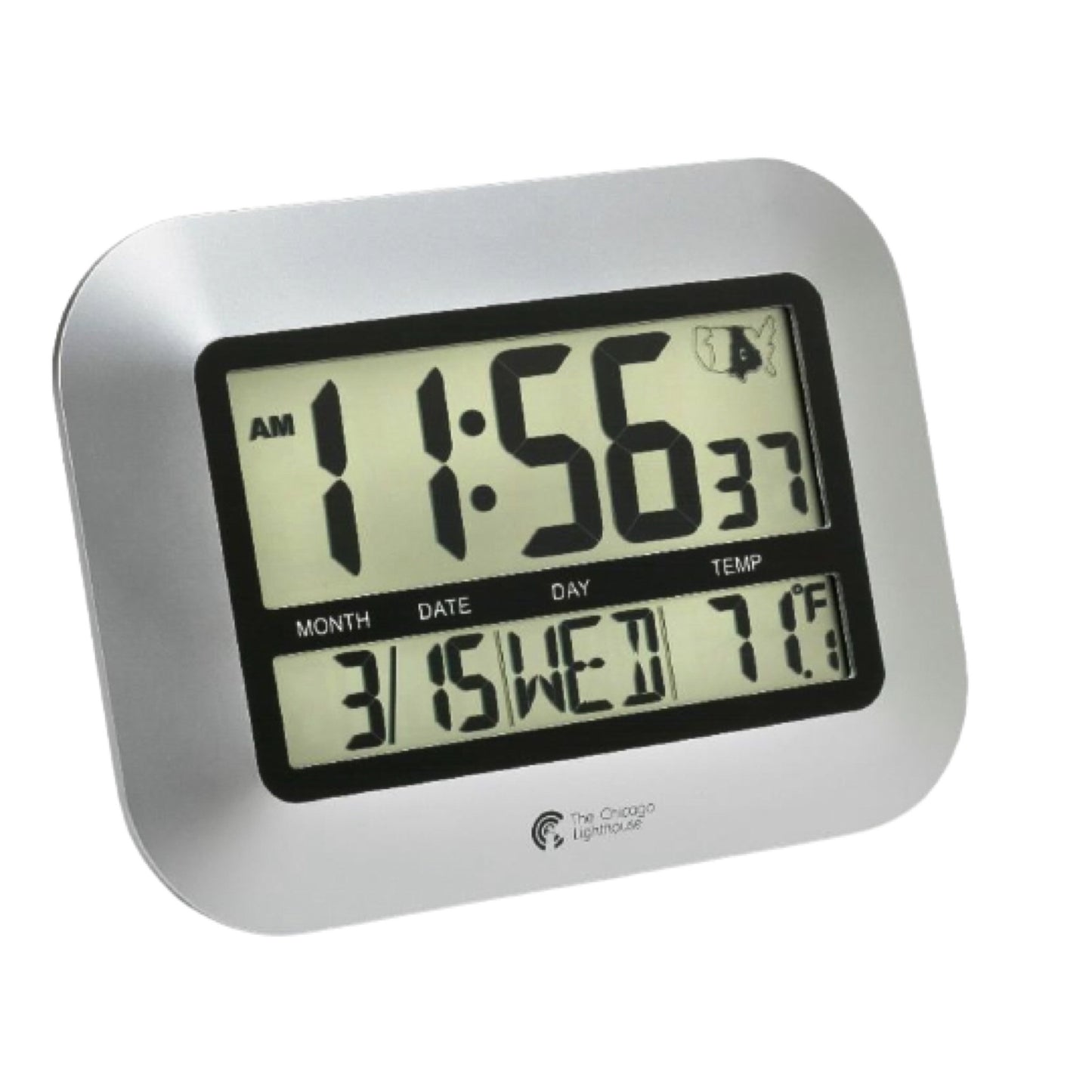The Silver Digital Atomic Radio-Controlled Clock can be mounted on a wall or be placed on a desk.  The large LED displays sharp, crisp black numbers which are easy to be viewed by someone who is visually impaired.