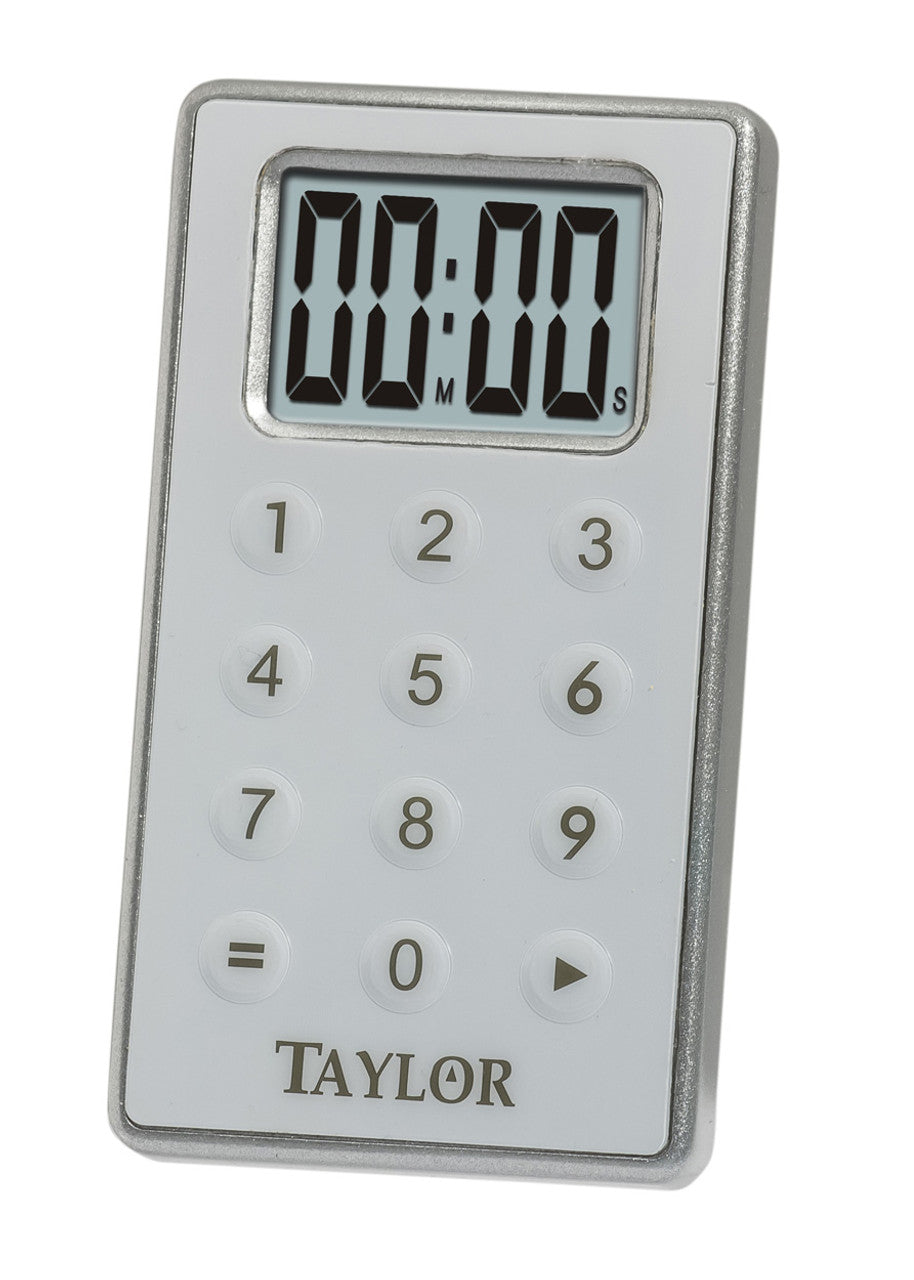 Large Digital Timer with 10 Key circular buttons with the numbers 0 through 9 and two additional circular buttons  with the = symbol and play triangular symbol