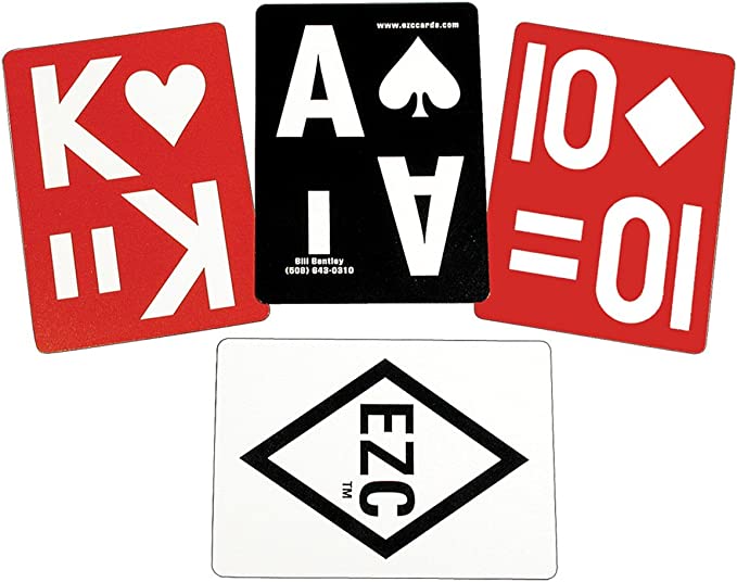 EZZ Playing Cards are large print high contrasting playing cards for those who are low vision. The background of the playing cards are either red or black and offer a bold, large white colored symbols and numbers.  