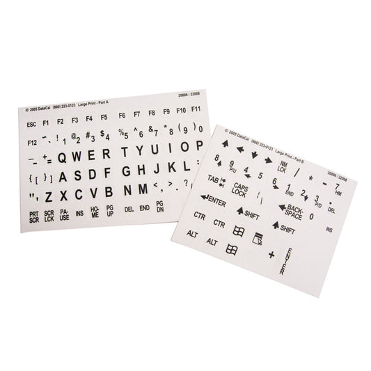 These Large print black on white EZKey Labels Computer Keyboard Stick-Ons allows users to replace keyboard characters with large, easy to see labels.