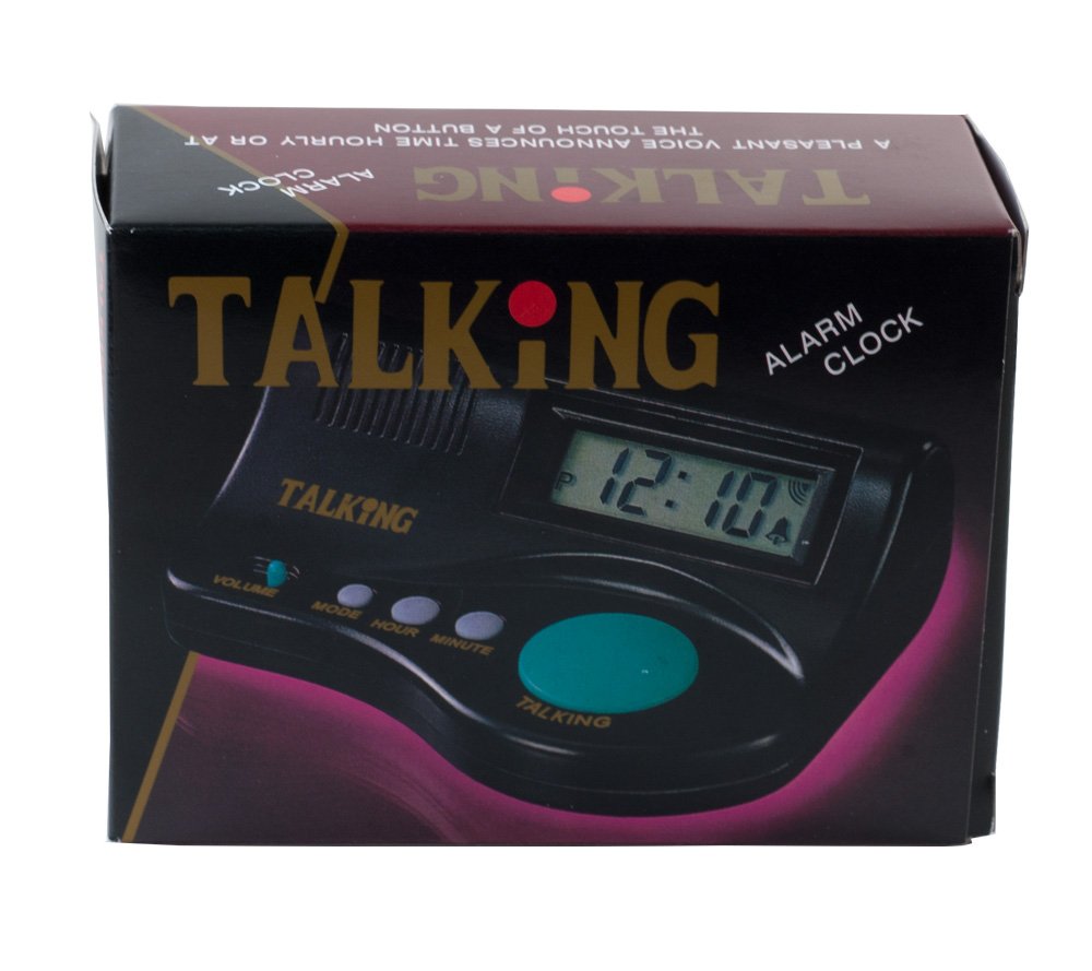 EZ Aqua Button Talking Clock in it's box. A compact, black desktop talking clock with a large, aqua-colored button on top. The digital display shows the time in bold, easy-to-read numbers. Designed for accessibility, it announces the time in a clear female voice when the button is pressed. The clock features an optional hourly time announcement, a beep alarm, and adjustable volume settins.