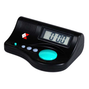 A compact, black desktop talking clock with a large, aqua-colored button on top. The digital display shows the time in bold, easy-to-read numbers. Designed for accessibility, it announces the time in a clear female voice when the button is pressed. The clock features an optional hourly time announcement, a beep alarm, and adjustable volume settings.