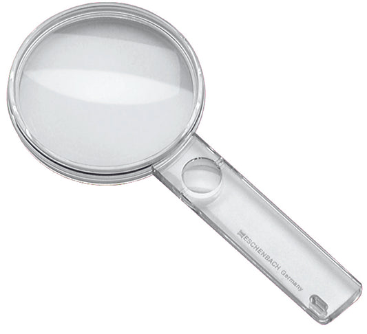 The Economy Biconvex Hand-held Magnifier - 2.3x include lightweight PXM lenses that feature edge-to-edge sharpness and have an anti-static coating. The handle is composed of transparent PXM® which provides maximum light and shadow-free viewing. The 2612 magnifiers also have an additional 5x pano-convex lens integrated into the handle for viewing even smaller details and a slot for a carrying cord.