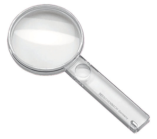 The Economy Biconvex Hand-held Magnifier - 2.7x by Eschenbach include lightweight PXM lenses that feature edge-to-edge sharpness and have an anti-static coating. The handle is composed of transparent PXM which provides maximum light and shadow-free viewing. The 2612 magnifiers also have an additional 5x pano-convex lens integrated into the handle for viewing even smaller details and a slot for a carrying cord.