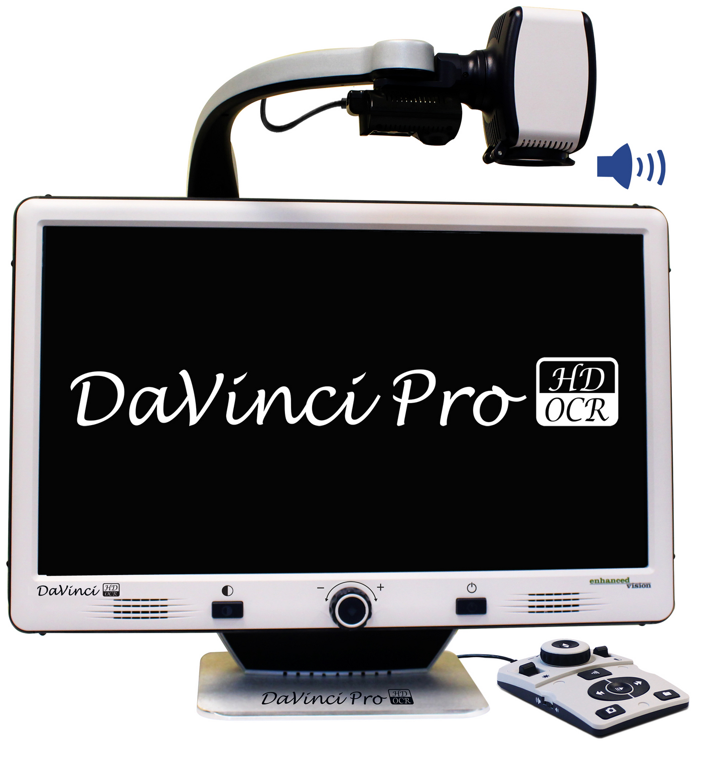 DaVinci Pro CCTV electronic magnifier for independent living. There is a white framed screen with DaVinci Pro written on the front of the black screen background. Above the monitor is a camera which is pointing downwards. There is a remote that controls the camera that can help legally blind