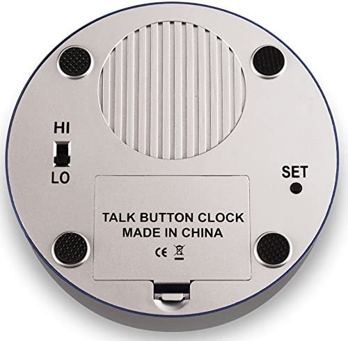 The bottom view of the Extra Large Button Loud Boost Talking Clock reveals  Hi/low sound button, the SET button, the round speaker grooves, and the location where you would load the batters.