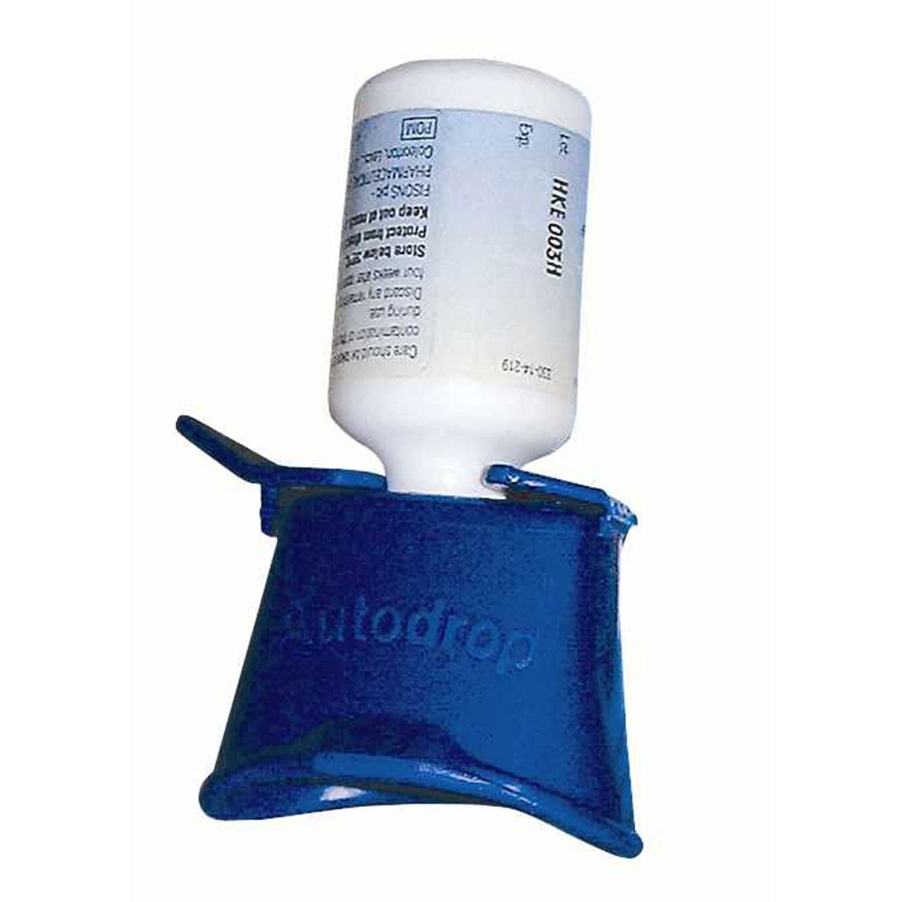 Blue Eye Drop Guide holding an eye drop bottle. The easy Eye Drop Guide clips into place over most eye drop bottles and positions the bottle at the correct angle over the eye.