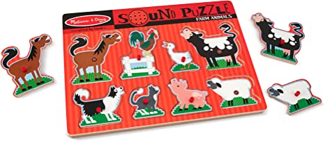 The Farm Sound Puzzle is a perfect audible low-vision puzzle where the happy farm animal "sounds off" in its voice when its animal puzzle piece is placed correctly in this eight-piece wooden peg puzzle!