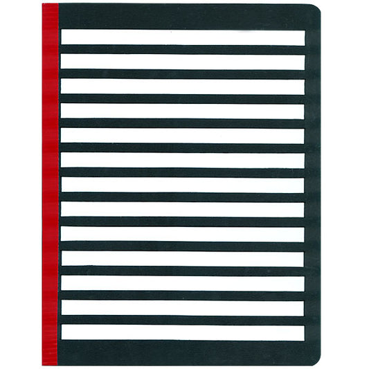 Fold Over Letter Guide with a hinged side is a complete page letter guide that fits standard letter size paper, measuring 8.5 inches by 11 inches. The black plastic folder with red binder is perfect for those with low vision.