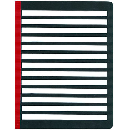 Fold Over Letter Guide with a hinged side is a complete page letter guide that fits standard letter size paper, measuring 8.5 inches by 11 inches. The black plastic folder with red binder is perfect for those with low vision.