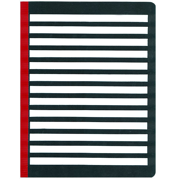 Fold Over Letter Guide with a hinged side is a complete page letter guide that fits standard letter size paper, measuring 8.5 inches by 11 inches. The black plastic folder with red binder is perfect for those with low vision.