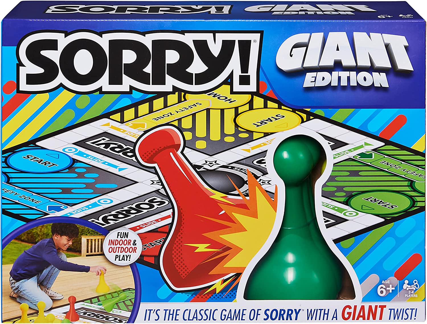 Giant Sorry Game in product box showing colorful game pieces.