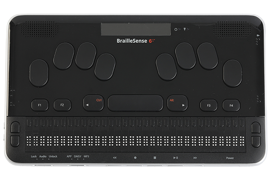 Braille Sense 6 showing the various braille keys, function keys, a display screen, and a 32 cell braille display.