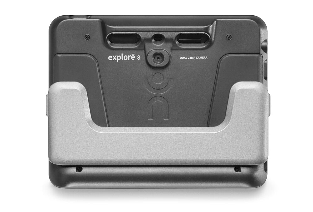 Back facing view of the Explore8 showing its camera and stand folded into the device.