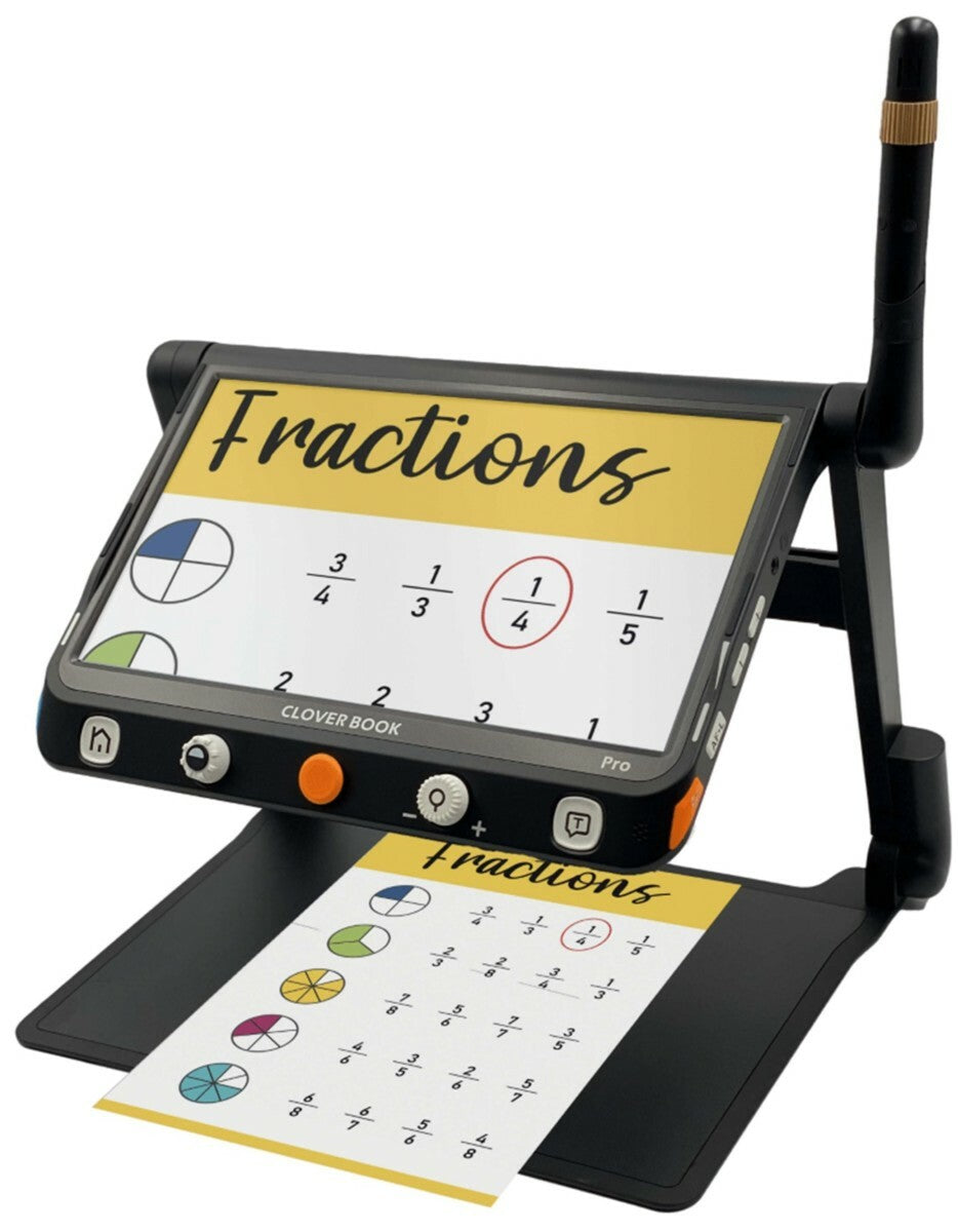 The Irie CloverBook Pro Electronic Magnifier is shown with it's antenna extended and an enlarged math sheet displayed on it's screen.