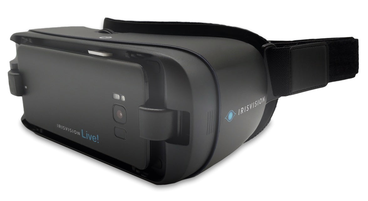 IrisVision Live electronic glasses in a black color with fully adjustable straps for hands-free use. The front of the device has a camera that delivers a 70-degree, extra-wide immersive field of view for independent living.