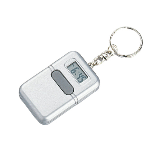 Keychain Talking Clock - Silver with one button on the front and an attached keychain.