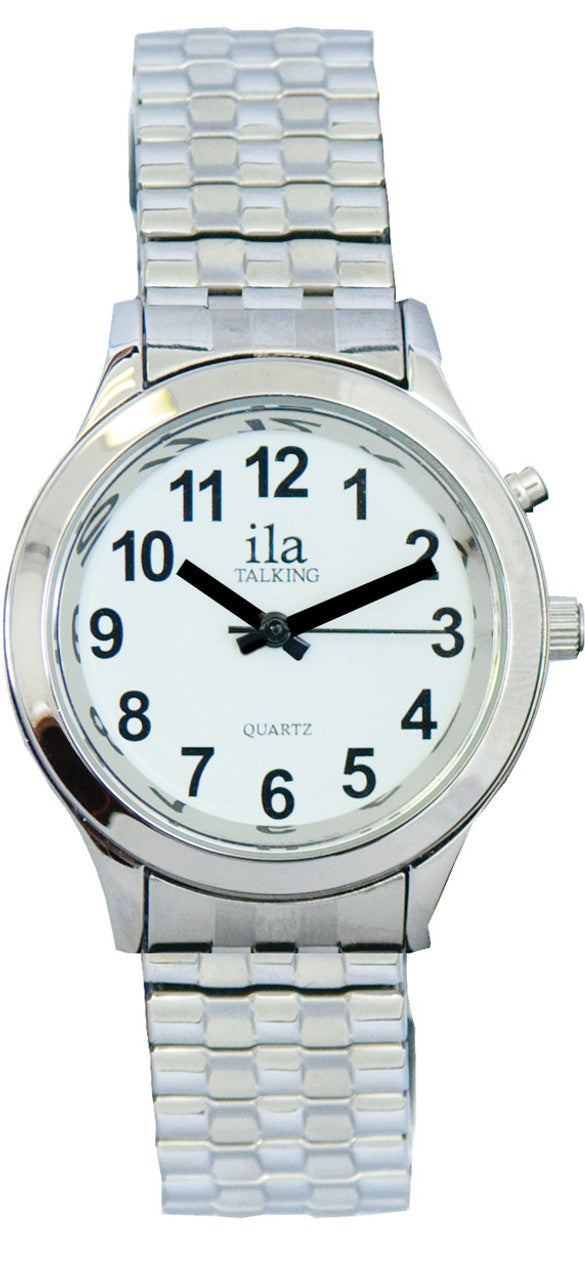Ladies Silver 1 Button Talking Watch with black numbers and hands.