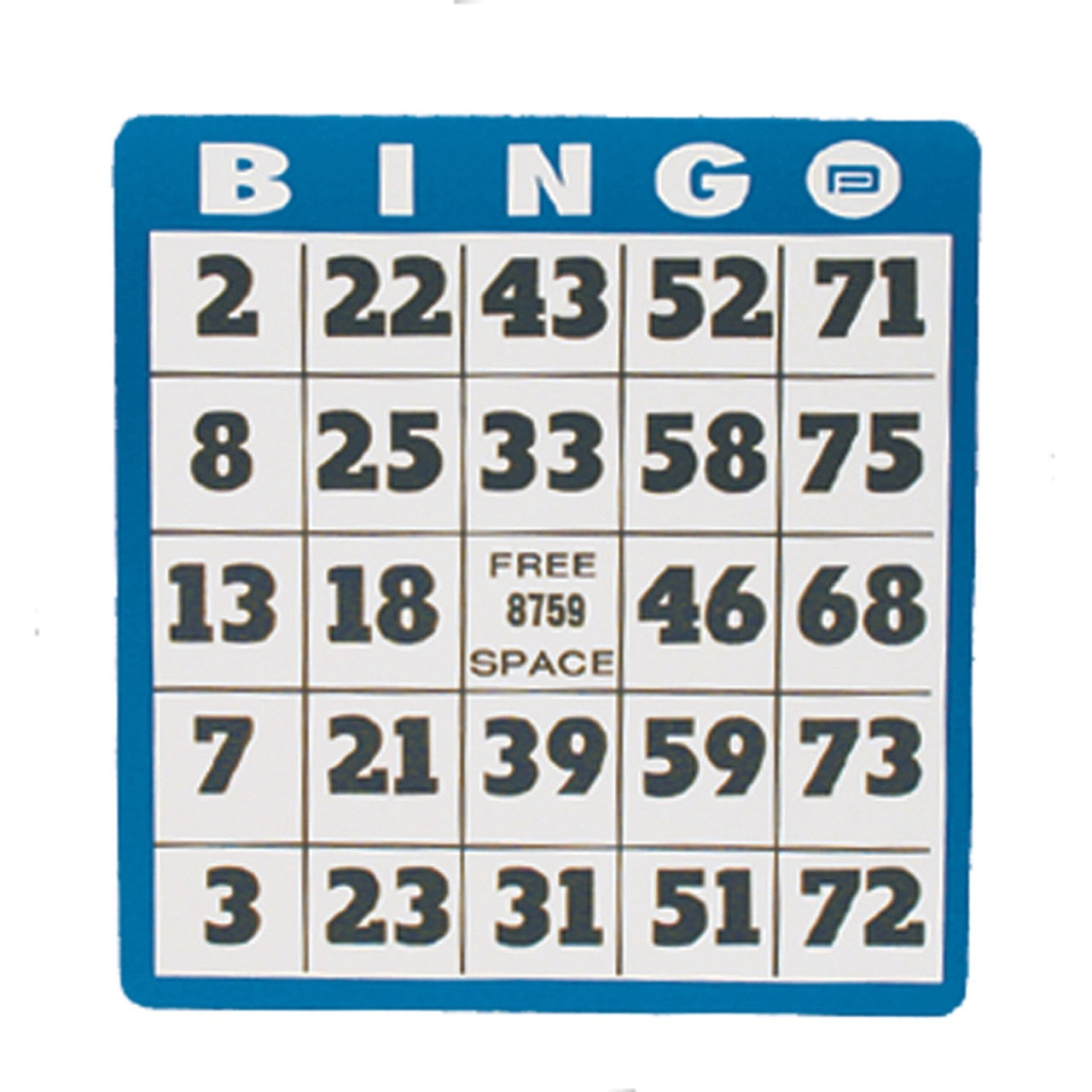 Large Print Bingo Card (individual) with black letters on a white background with blue trim.  Large low vision card.