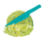 A green Lettuce Knife is placed on top of a healthy green head of crispy lettuce.  This Lettuce knife is safe to use by those who are blind or visually impaired.