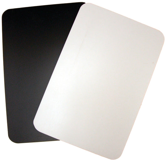 Low Vision Black and White Cutting Board revealing 2 cuttong boards.  One side white and the other side of the cutting board is blac..