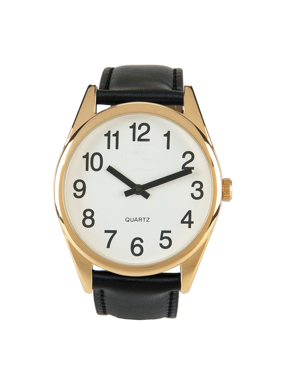 Low Vision Gold Tone Watch with White Face, black hands and numbers, and a black leather band.