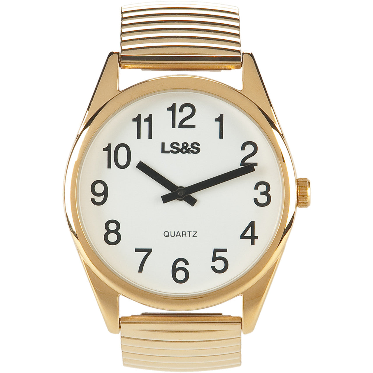 Low Vision Gold Watch with large numbers, white background and black hands and numbers.