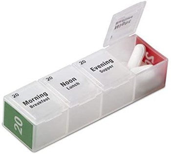 The MedCenter Monthly Organizer features 31 pillboxes, each of which is separated into four sections: morning, noon, evening, and night, for even further organization. The two ends of each pillbox are color-coded green and red, so the user can easily see whether or not their doses have been completed for the day. Each of four individual dose compartments measures roughly 15/16" wide x 1" long x 3/4" deep on the inside and can fit 16 average-sized pills.