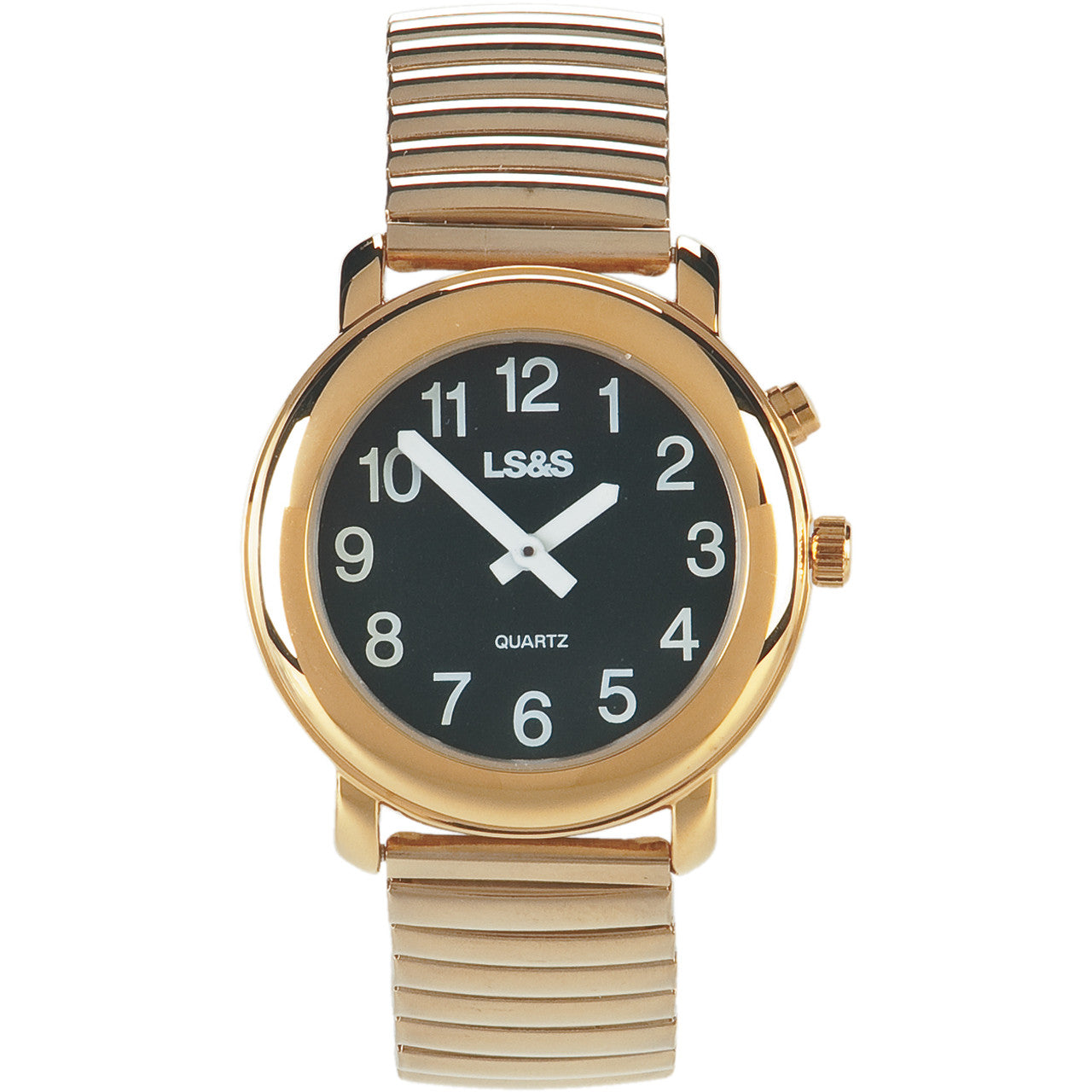 1 BUTTON, MEN'S BLK FACE Low Vision watch with gold tone flex ban with white arms.
