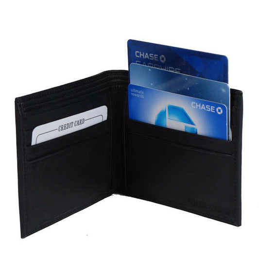 This Men's Soft Leather Wallet is a genuine leather wallet with six spaces for credit cards, identification cards, and three separate compartments for bills. Measures 8.75 x 3.5 inches when open. Great for keeping your tabs separated if you are low vision.