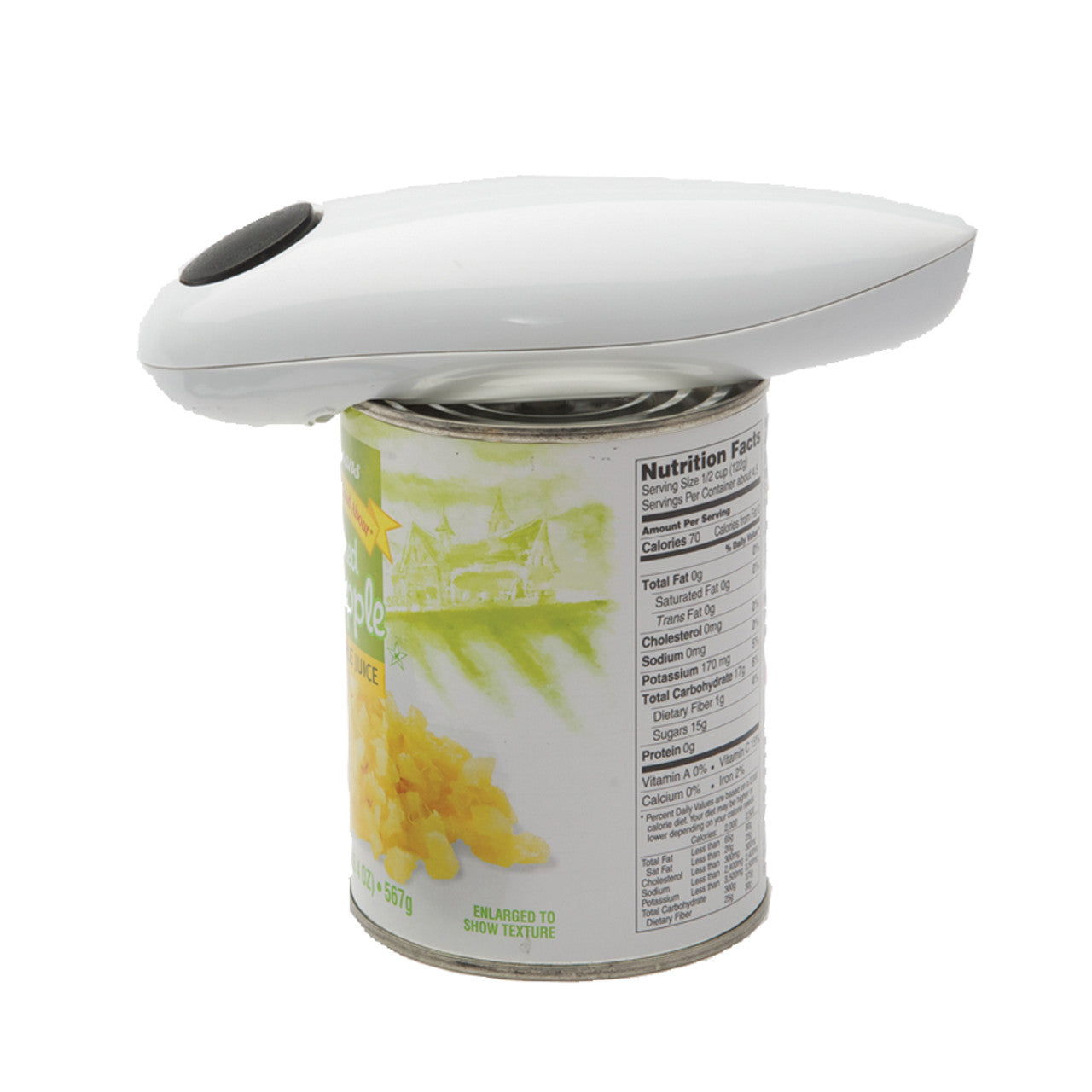 One Touch Can Opener resting on top of a can of corn.