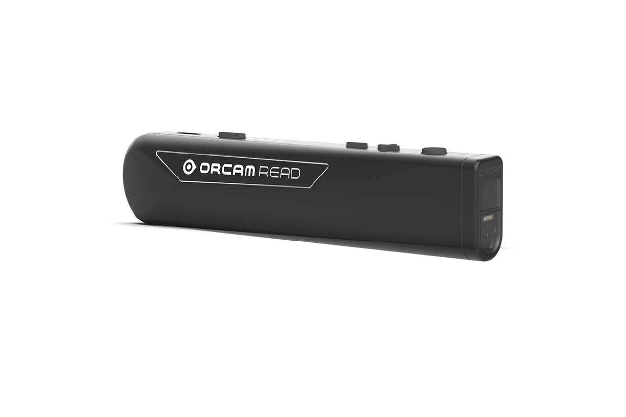 OrCam Read optical electronic magnifier in black on a white background with the OrCam Read logo displaying multiple physical buttons on the top of the device. Big button for increasing or decreasing. The front has a camera, LED light, and two lasers which target things to read.