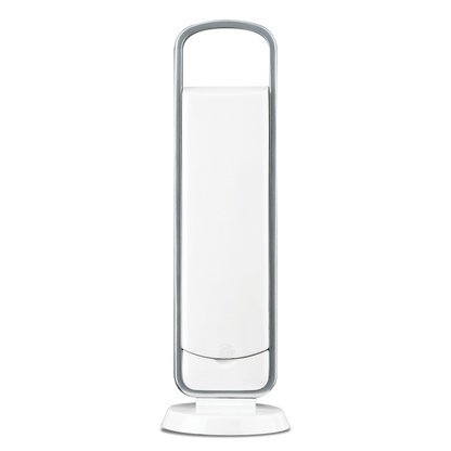 Ottlite LED light weight lamp in white with silver handle. The front of the lamp has a groove for users to open the arm to turn on the light.