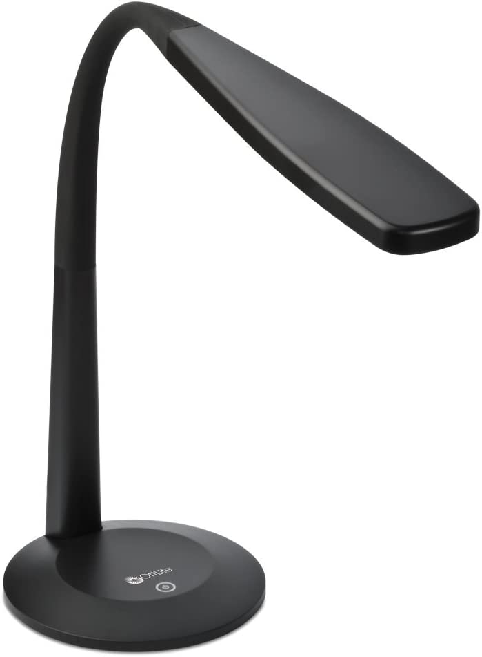 A close up view of the OttLite Natural Daylight LED Flex Table Lamp in black which features it's natural daylight LED rated to last up to 40,000 hours.