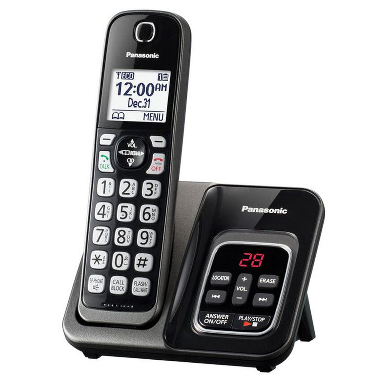Panasonic Cordless Phone With Talking Caller ID sitting in it's cradle.