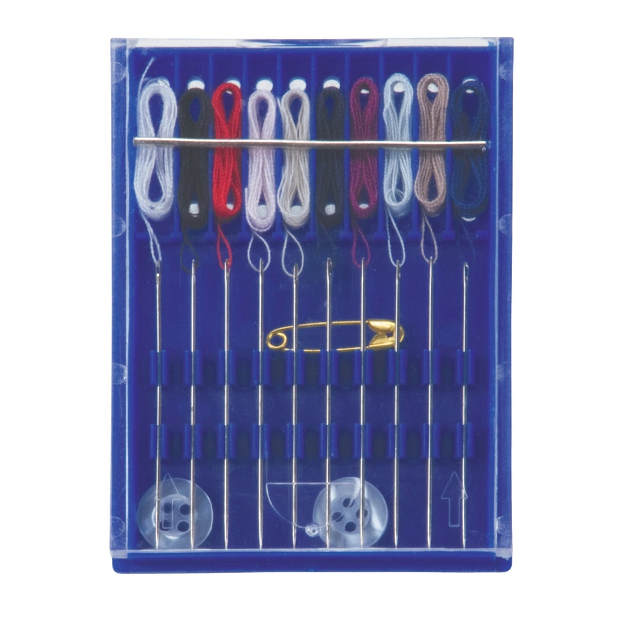 Pre-Threaded Sewing Needles with multi colored thread in a blue case.