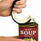 Hand holding the Ring Pull Can Opener over a can of soup.