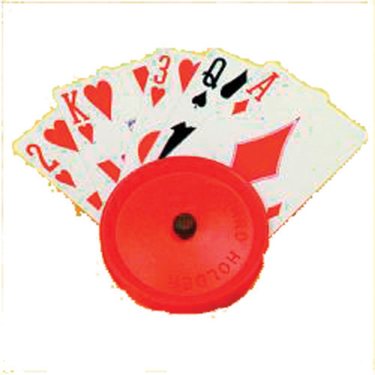 A red Round Disk Playing Card holder holding five large number and symbol playing cards.