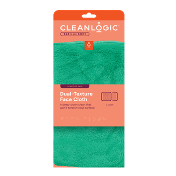 CleanLogic Sensitive Dual Texture Face Cloth green in orange packaging.