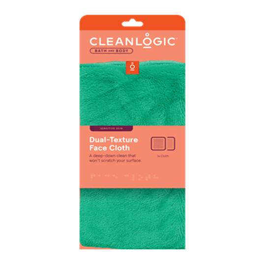 CleanLogic Sensitive Dual Texture Face Cloth green in orange packaging.